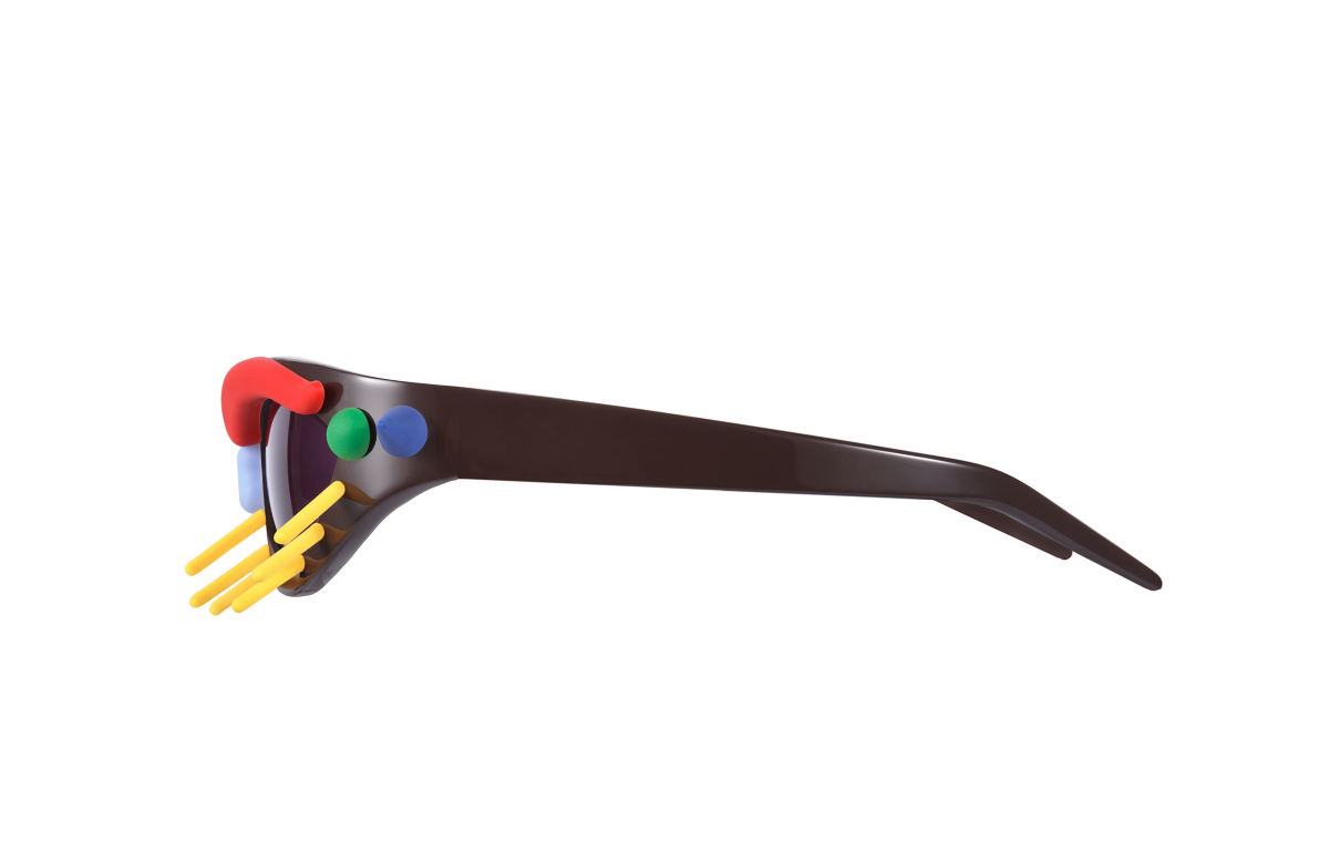 FAKBYFAK x Walter Van Beirendonck Couture sunglasses Toy Glasses Model 1. Dark brown with coloured pins Code: 09/01/02