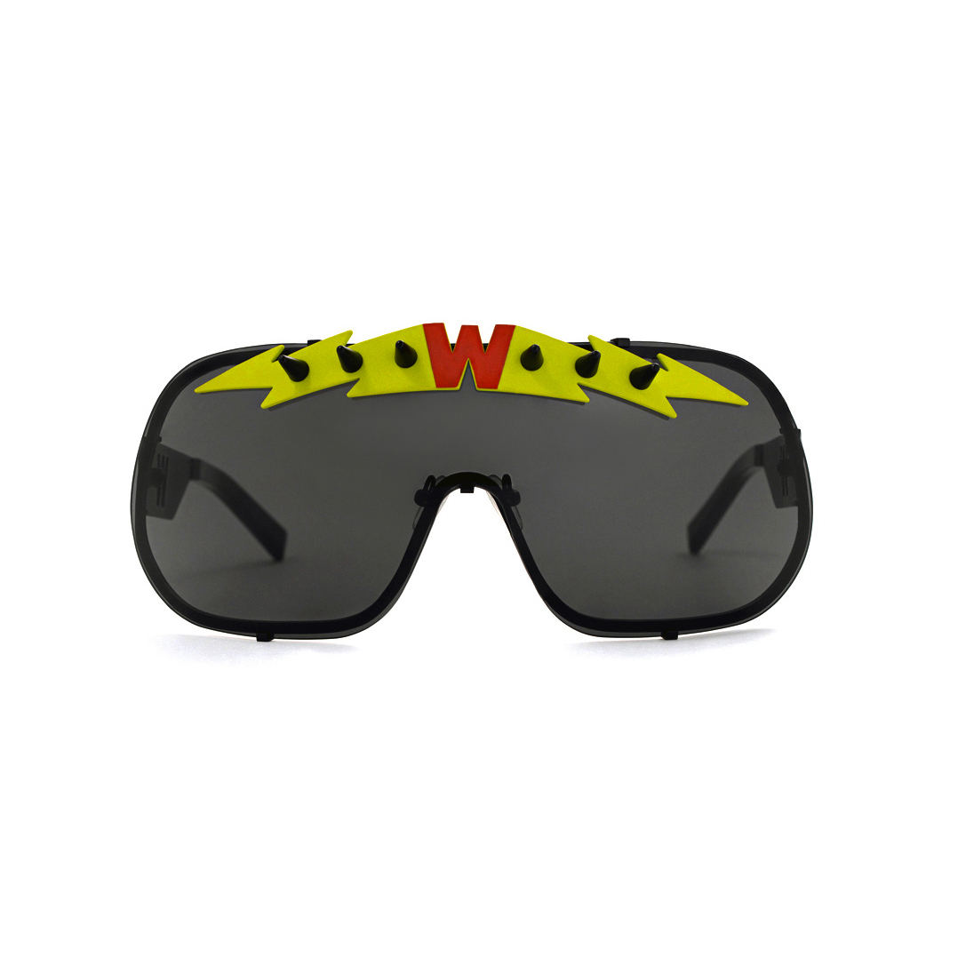FAKBYFAK x Walter Van Beirendonck Designer sunglasses BlitZ Solar Shield Sunglasses. Black & Neon Lightning Code: 23/01/06